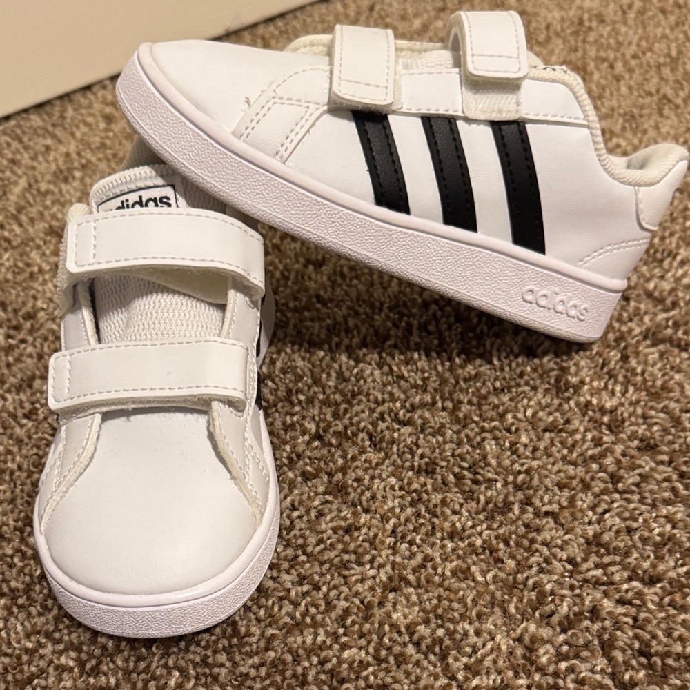Adidas Kids White Sneakers with Black Stripes